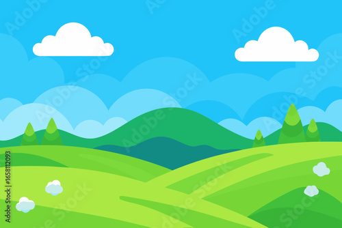 Vibrant green rolling hills under a bright blue sky with fluffy clouds