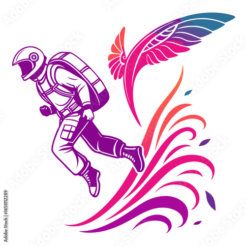 Vector art of dynamic skydiver in freefall with vibrant wings and waves, an illustration