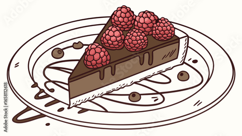 Delicious chocolate cake slice with fresh raspberries and chocolate sauce on a plate illustration, perfect for dessert lovers and sweet treat enthusiasts