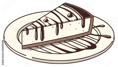 Delicious cheesecake slice illustration with chocolate drizzle on a plate, perfect for dessert lovers and food enthusiasts, showcasing a tasty treat