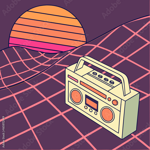 Vector art of retro boombox illustration with 80s style sunset and grid background, perfect for a vintage and fun design