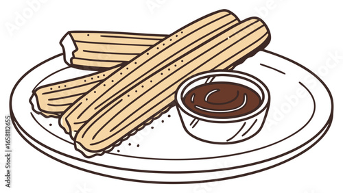 Delicious churros served with rich chocolate dipping sauce on a plate, a sweet treat illustration that evokes the joy of indulgence and festive celebrations