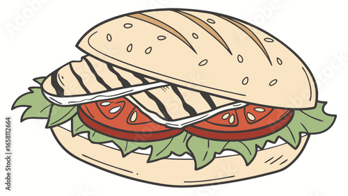Delicious sandwich with grilled chicken, tomatoes, lettuce, and sesame bun illustration, perfect for food lovers and healthy eating enthusiasts