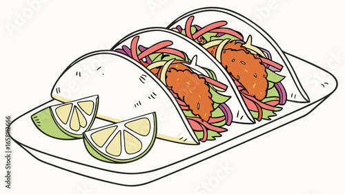 Delicious platter of three fish tacos with vibrant slaw and zesty lime wedges, offering a delightful culinary experience and visual appeal