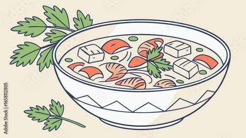 Illustrated bowl of soup featuring tofu, shrimp, and peas with fresh parsley garnish, presented in a clean, modern vector style on a light background