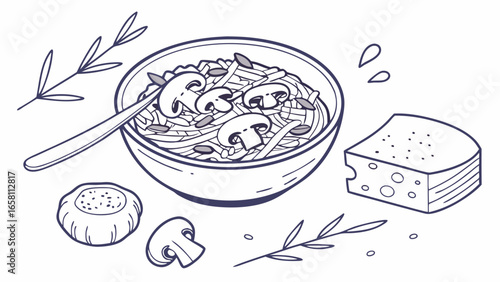 Mushroom pasta bowl with cheese and herbs illustration, featuring a savory dish with classic Italian flavors and an inviting, hand-drawn vector design