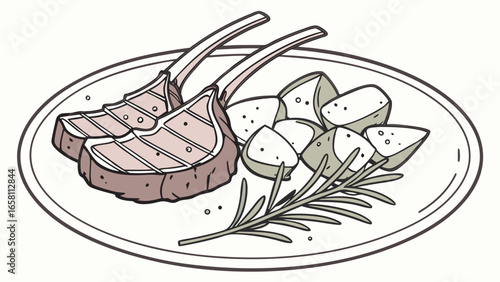 Illustration of grilled lamb chops with roasted potatoes and rosemary sprig on a plate offering a delicious culinary experience