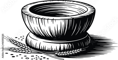 Rustic wooden mortar and pestle with wheat stalks and grains