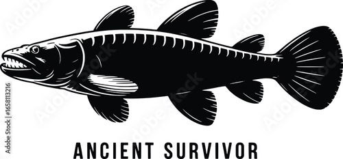 Vintage illustration of a coelacanth fish with ancient survivor text