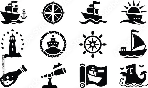 Nautical icons collection featuring ships lighthouses and compasses