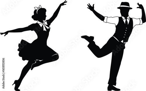 Vintage swing dance silhouette of man and woman, retro couple dancing Lindy Hop, joyful energetic movement, black and white style