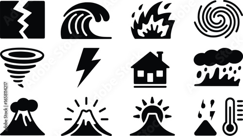 Collection of natural disaster icons representing earthquakes floods fires tornadoes and volcanoes
