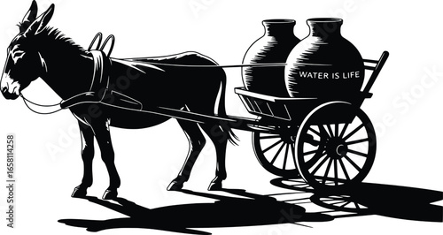 Silhouette of a donkey pulling a cart with large jars