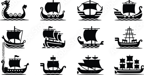 Collection of silhouette viking ships and sailing vessels