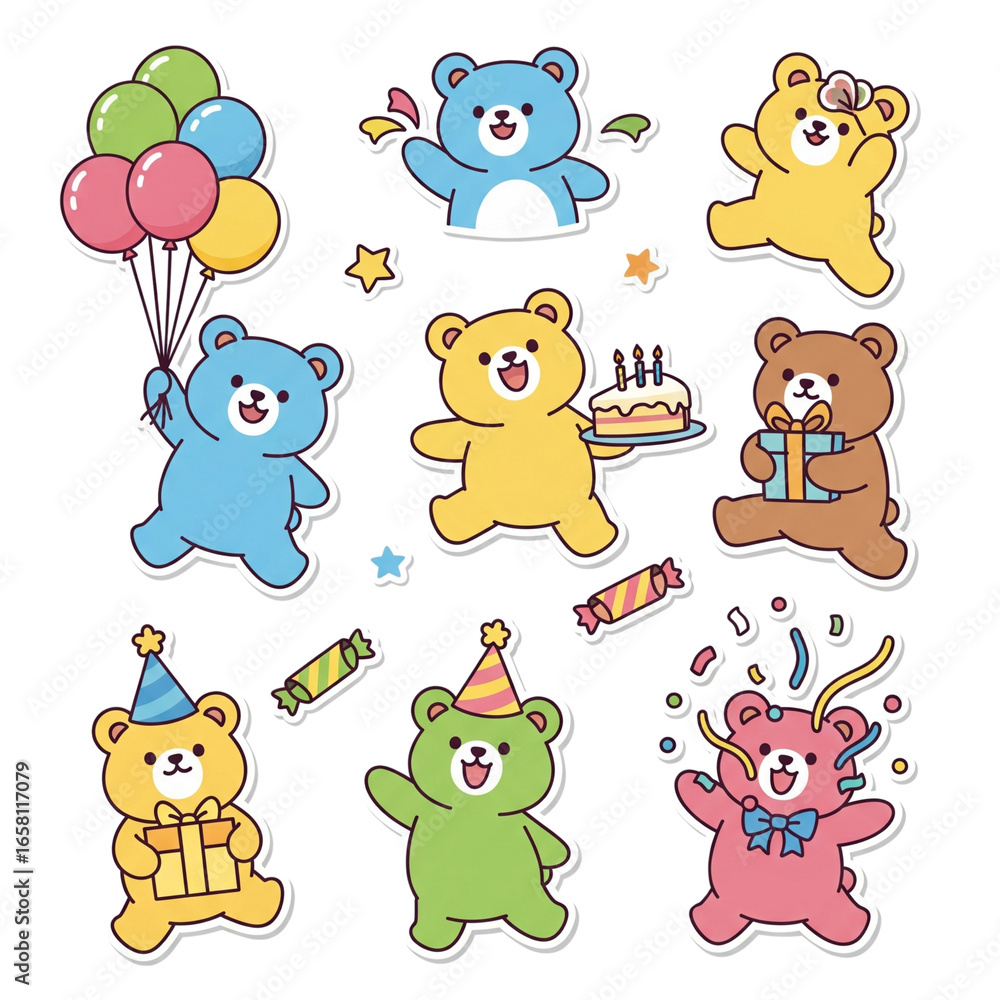 Obraz premium Cute cartoon bears celebrating with balloons and cake