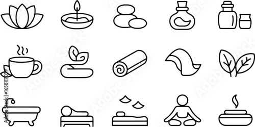 Collection of hand drawn spa and wellness icons for relaxation and self care