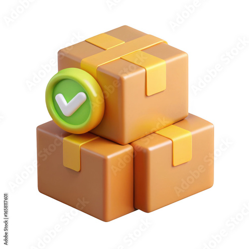 3d stacked cardboard boxes with check mark isolated on transparent background