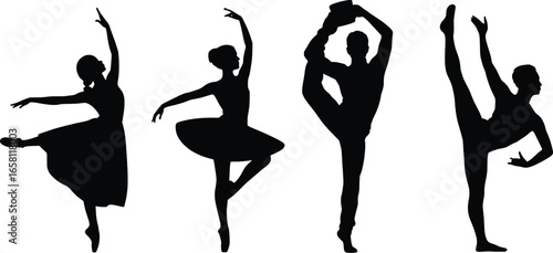 Silhouettes of ballerinas in elegant dance poses against a white background