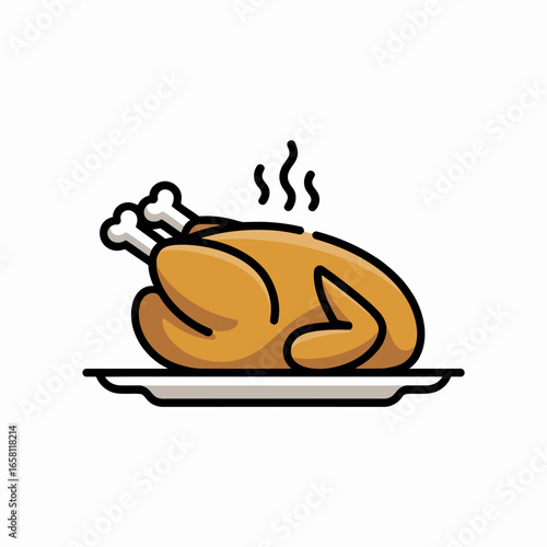 chicken, roast, turkey, food, dinner, meal, cooked, poultry, plate, icon, cartoon, steam, delicious, hot, feast, meat, baked, holiday, festive, cuisine, kitchen, culinary, vector, graphic, illustratio