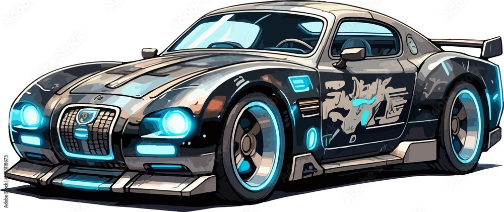 Obraz premium A classic, shiny black sports car and a new blue toy vehicle are isolated on a white background, ready to drive fast