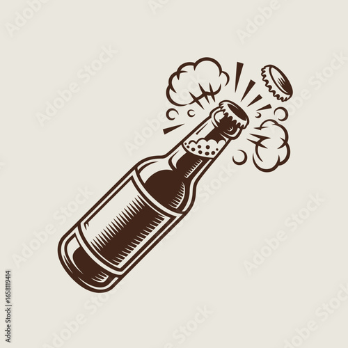beer, bottle, pop, cap, vintage, illustration, vector, drink, beverage, opened, alcohol, carbonation, explosion, foam, sketch, fizzy, party, refreshment, carbonation, toast, fun, draft, cheers, celebr
