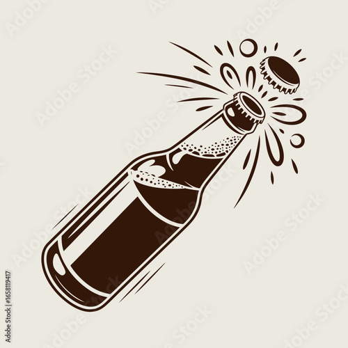 beer, bottle, pop, cap, vintage, illustration, vector, drink, beverage, opened, alcohol, carbonation, explosion, foam, sketch, fizzy, party, refreshment, carbonation, toast, fun, draft, cheers, celebr