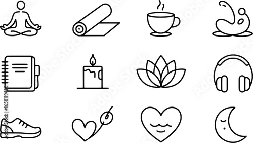 Collection of hand drawn icons for wellness and self care