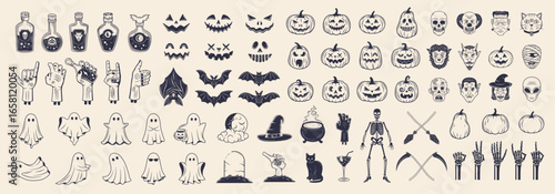 Halloween vintage icons set. 74 Halloween vintage icons and silhouettes isolated on white background. Ghosts, Zombie Hands, Pumpkins, skeleton icons. Vector illustration