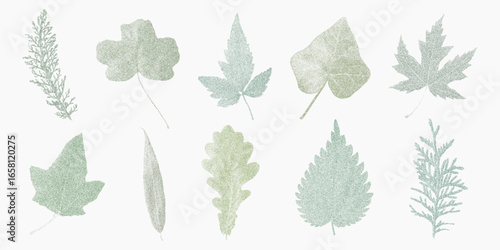 Textured green leaves with brutalist dots, photocopy scratches and 2000s noise, nostalgic visual for punk poster work.