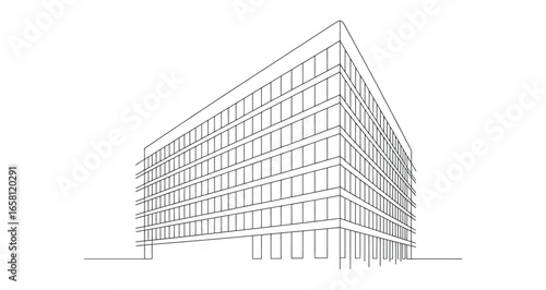 continuous line drawing of modern office building, minimalist architectural illustration for business, urban development, and real estate