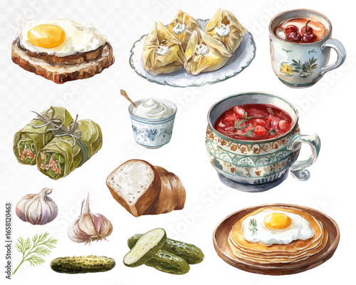 Watercolor food set with borscht, dumplings, eggs, pancakes, bread, pickles, garlic and tea, handpainted traditional meal illustration for kitchen and culinary design. Vector illustration.