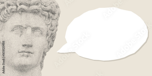 Roman philosopher bust with floating speech bubble, halftone cutout collage, antique vintage grunge texture, modern art sticker concept.