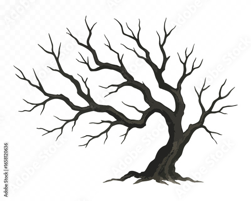 Spooky leafless tree silhouette watercolor illustration, ideal for Halloween, horror themes, haunted forest designs, and seasonal decor. Vector illustration.
