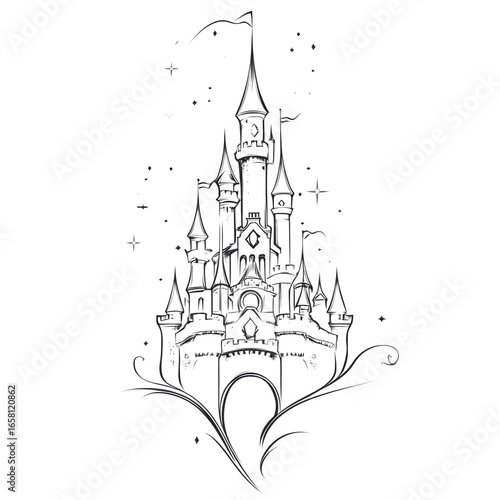 A single monoline forming an enchanted castle outline.