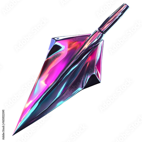 An abstract 3D arrowhead with sharp angles and chrome metallic textures, showcasing vibrant neon gradients in the Y2K aesthetic, on a transparent background.