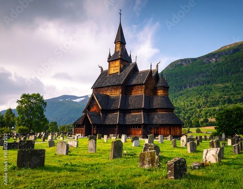 Wooden church, cemetery, mountains (1)