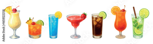 Set of rum cocktails watercolor illustration,  including Mojito, Piña Colada, Daiquiri, Mai Tai, Rum Punch, Blue Lagoon and Cuba Libre. Vectors isolated on white background.