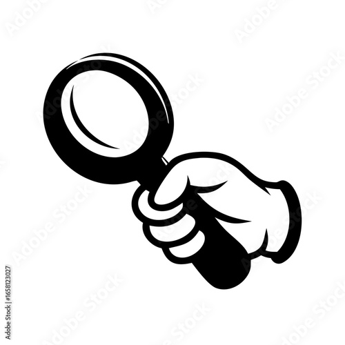 Hand with magnifying glass icon with doodle style, outline research search analysis, investigation detective discovery exploration with transparent background