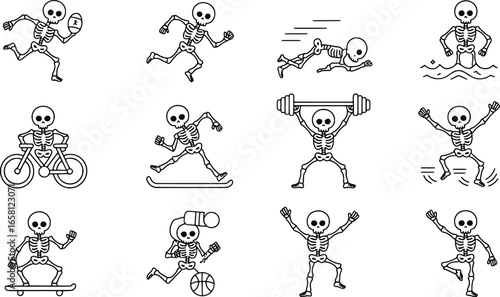 Collection of skeleton characters engaged in various sports and activities