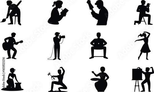 Collection of silhouette figures engaged in various creative and active pursuits