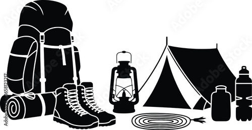 Black and white camping gear illustration with backpack tent boots and lantern