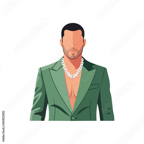 Confident faceless man wearing a green suit jacket and a heavy silver chain necklace.