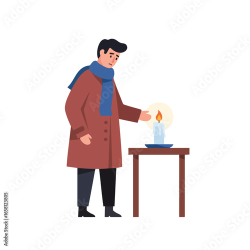 A sad man in a coat and scarf warming his hands by a single lit candle.