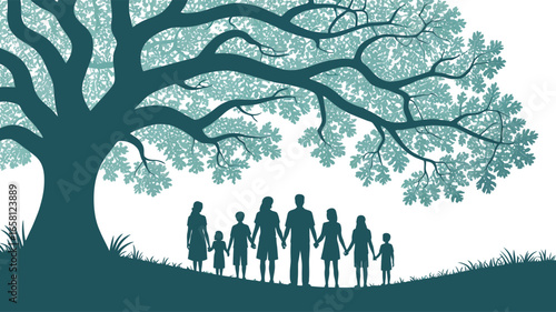 silhouette of multigenerational family holding hands under large tree, concept of unity, heritage, love, and generational connection