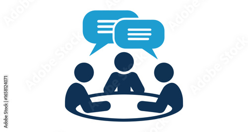 business meeting icon with three people at table and speech bubbles, symbol of teamwork, communication, collaboration, and discussion