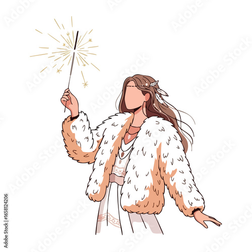 Stylish bohemian woman in a fluffy white coat holding a celebratory sparkler.