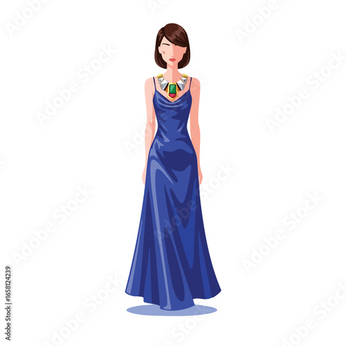 Elegant woman in a long blue satin evening gown with a statement gemstone necklace.