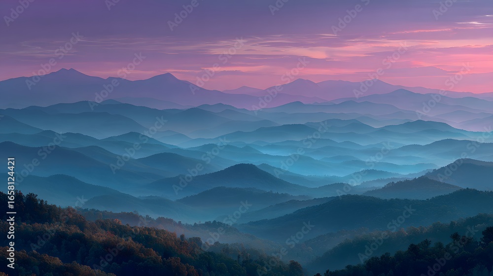 Fototapeta premium Breathtaking panoramic photograph of the Blue Ridge Mountains at dawn, with layers of hills fading into shades of blue and purple under a sky.
