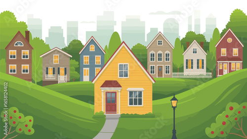 suburban neighborhood with colorful houses on green hills, city skyline in background—modern residential community illustration