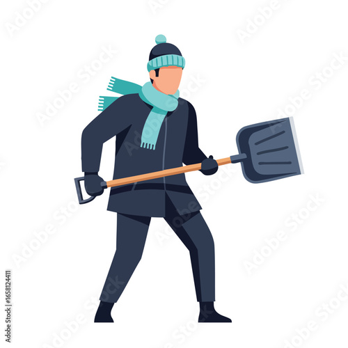 Man in warm winter clothes holding a large snow shovel for removal.